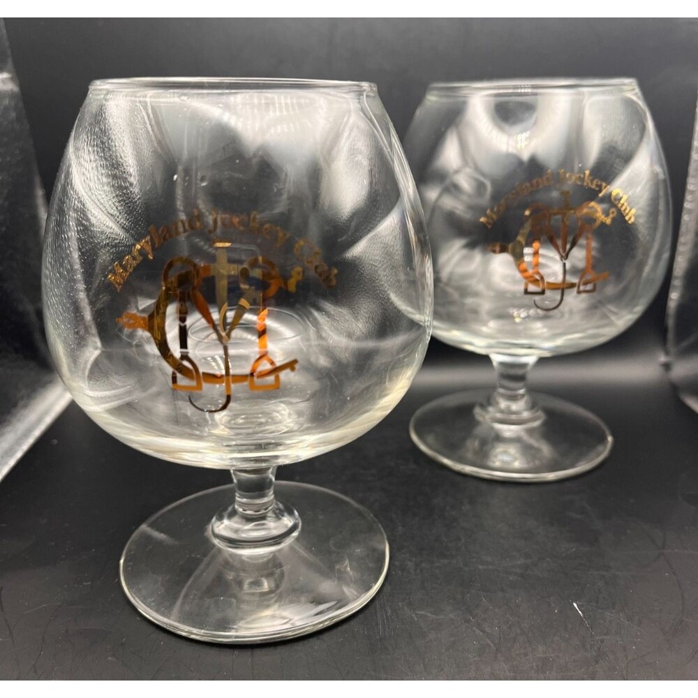 Maryland Jockey Club Brandy Snifter Glasses Set of 2 Gold Horse Racing